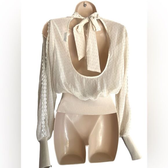 SOHO TOP Double Split Sleeves Polka Dot Blouse High Neck open back - Picture 2 of 6